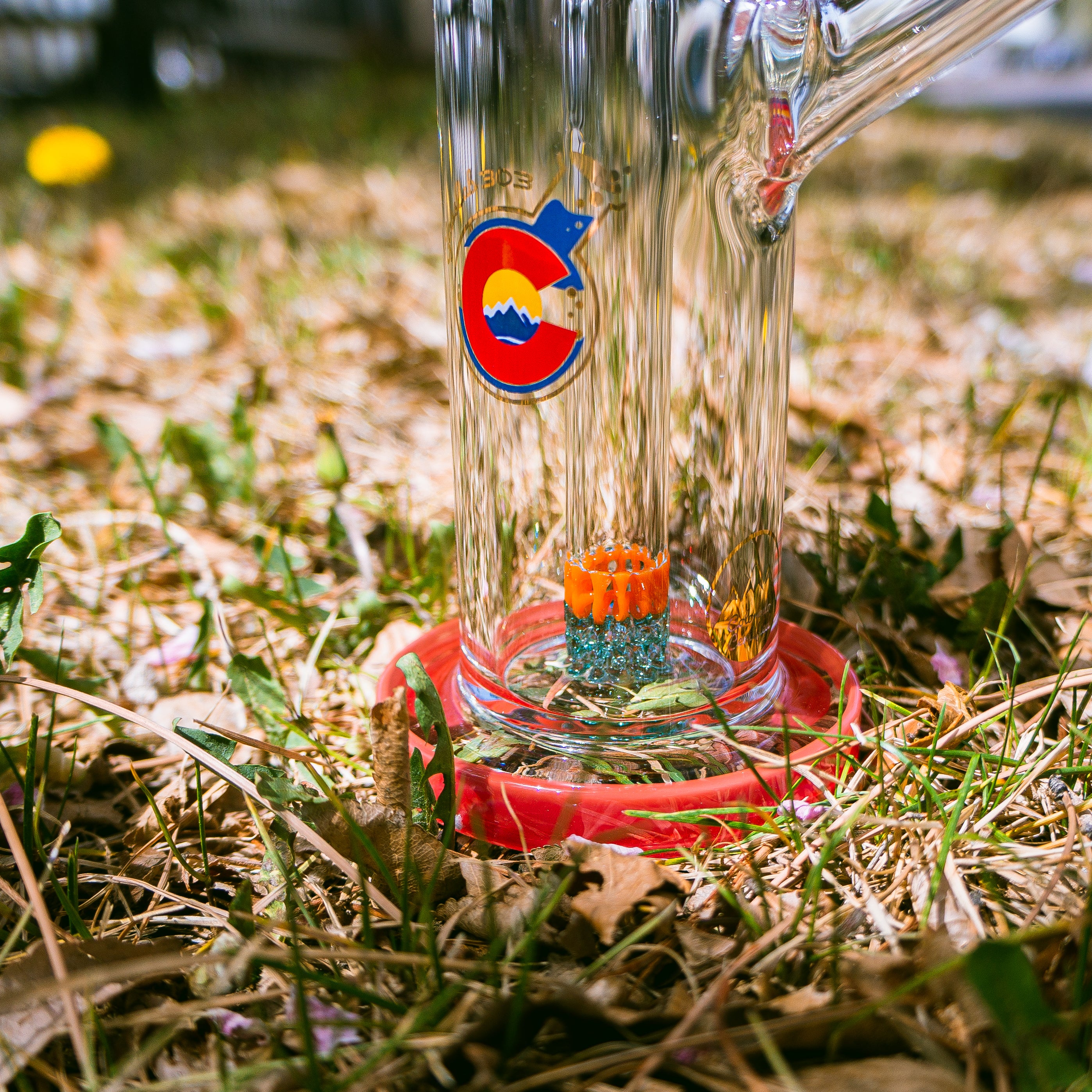 Glasslab303 Borosilicate glass with colorful top piece on grass
