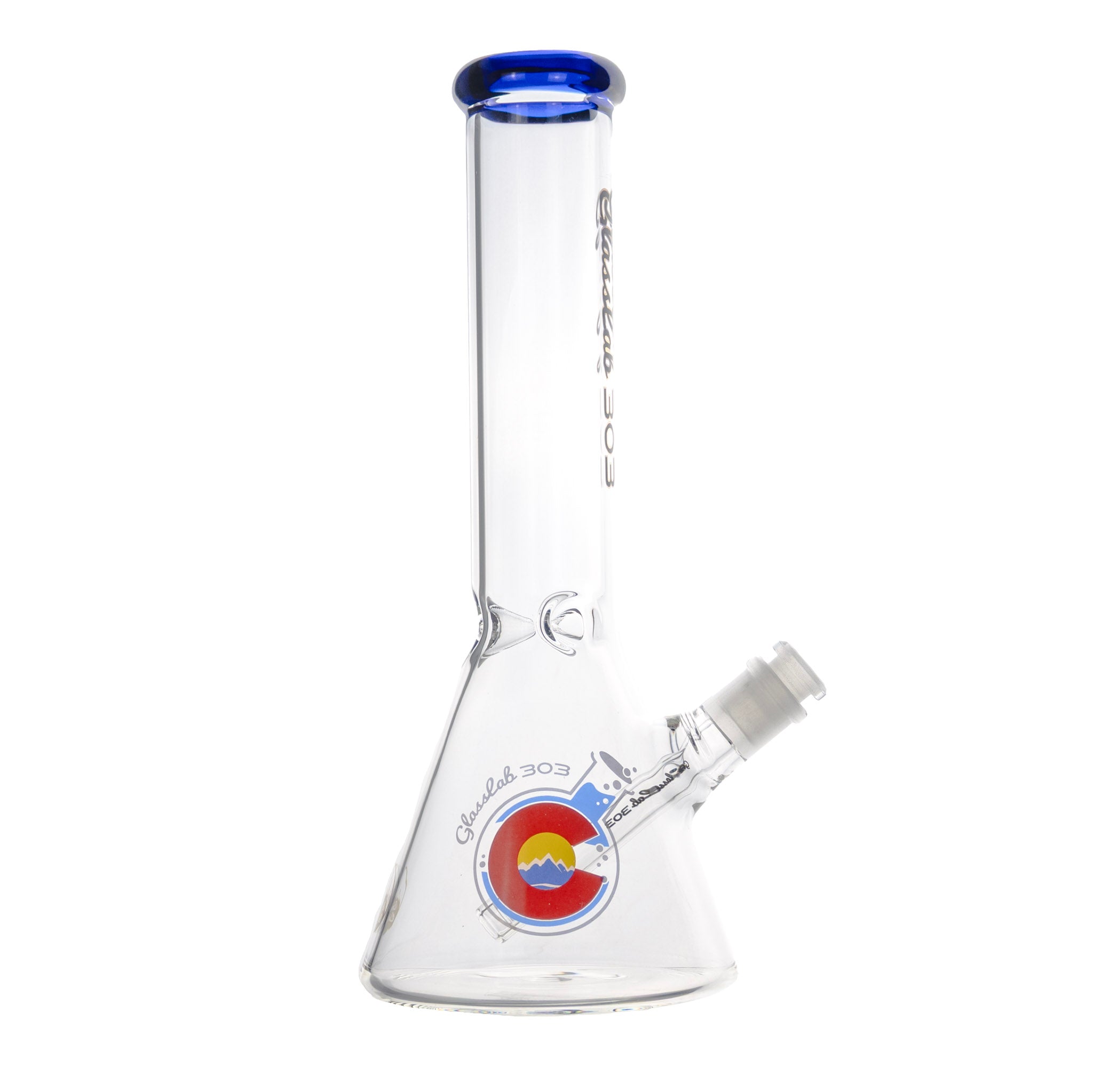 Clear functional glass with blue top and Colorado flag design on a white background