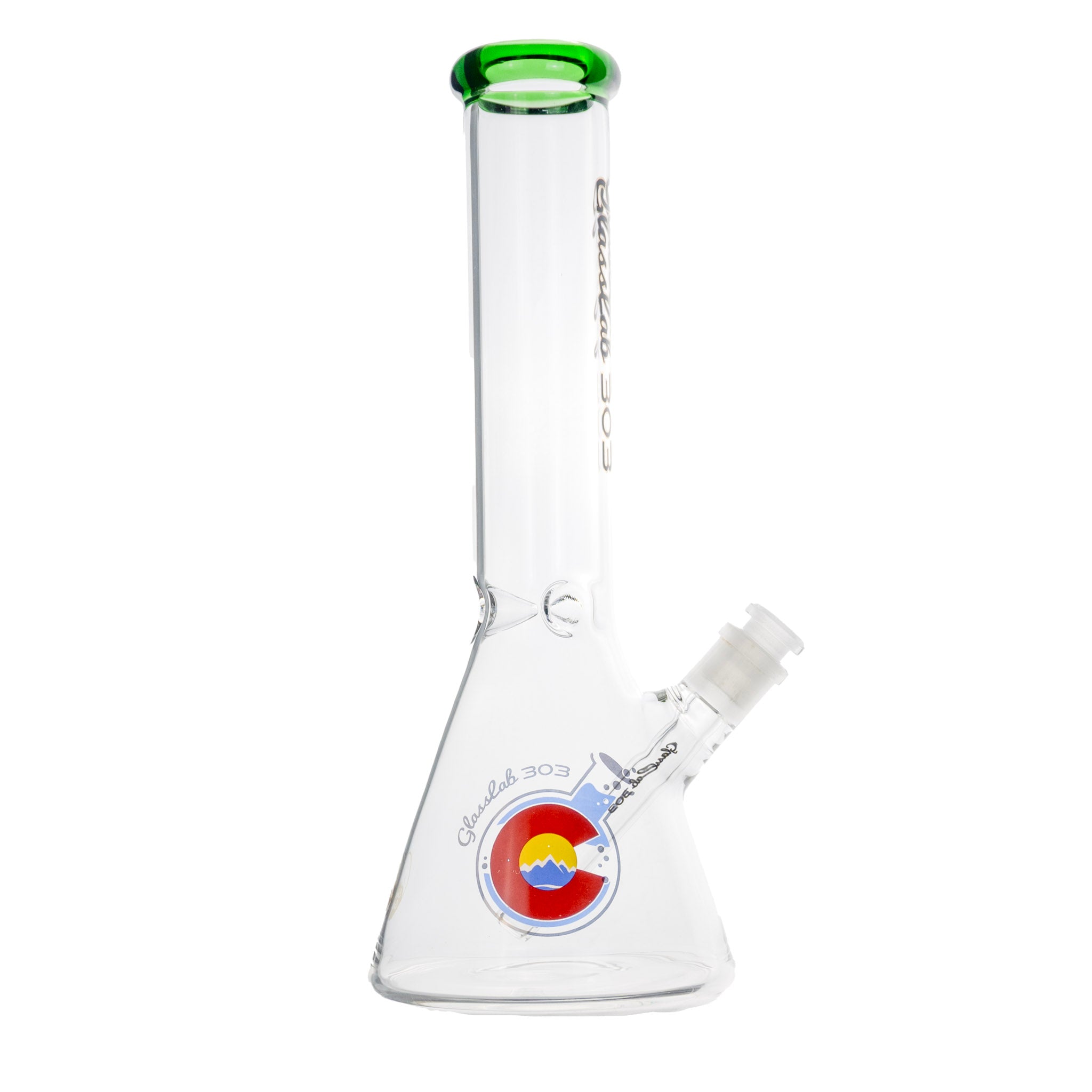 Clear glass with Colorado flag design on a white background. Glasslab303